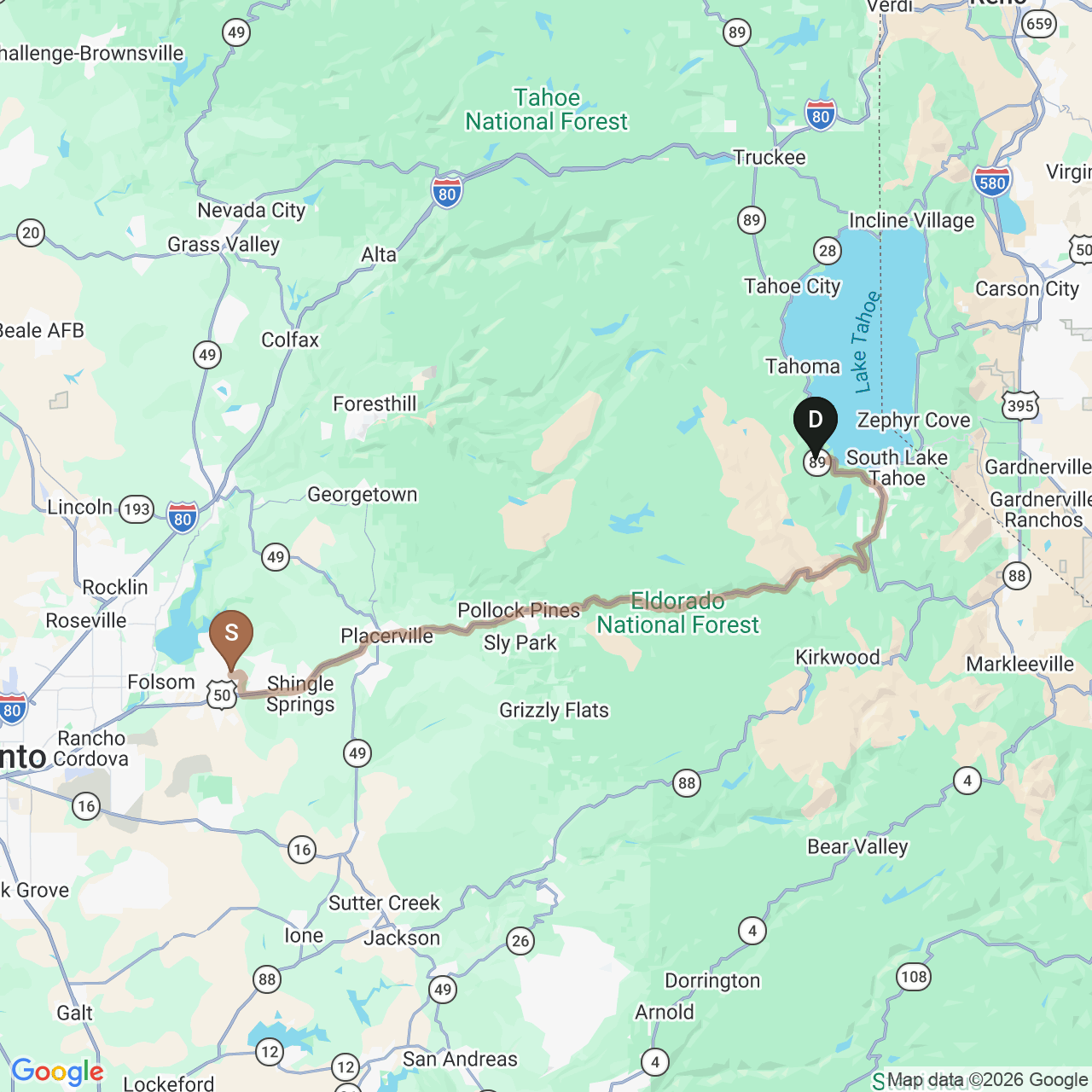 Driving route map from Serrano Country Club in El Dorado Hills to Emerald Bay State Park at Lake Tahoe