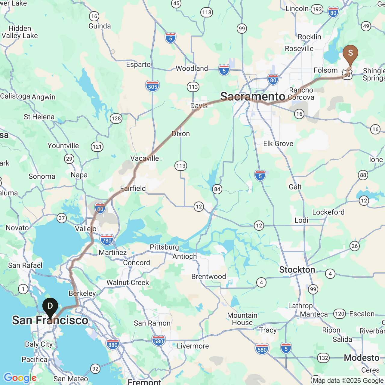 Driving route map from Serrano Country Club in El Dorado Hills to San Francisco