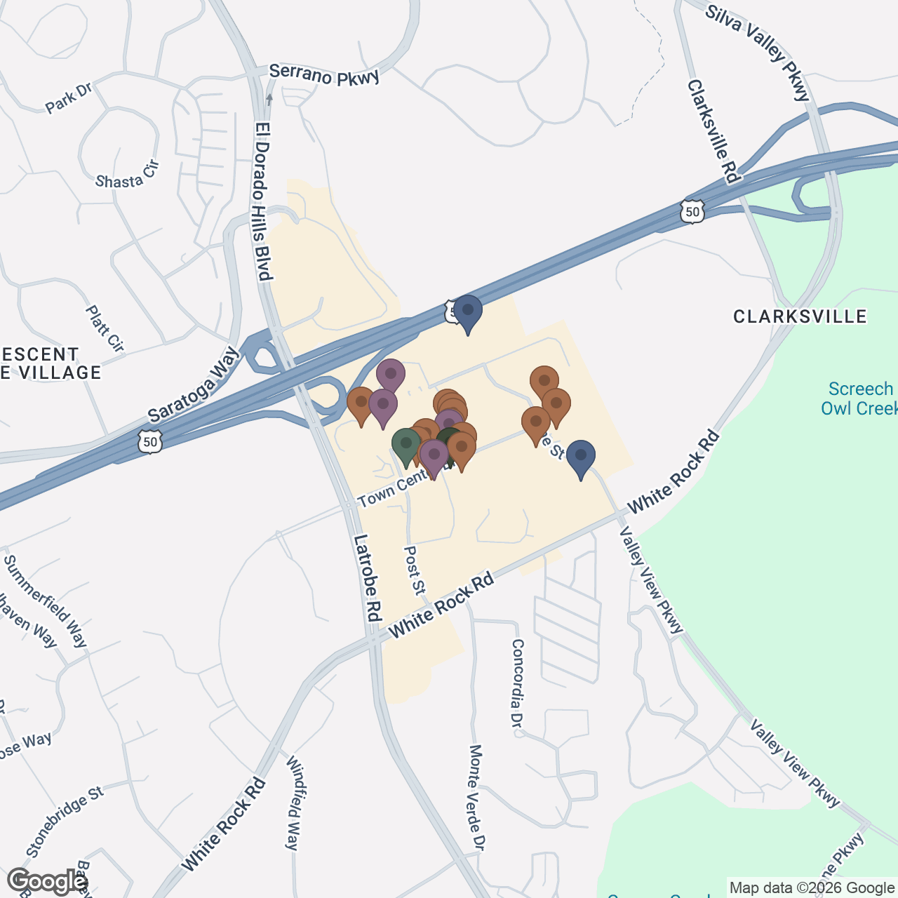 Static Google Map of verified El Dorado Hills Town Center essentials, with colored pins for food and drink, retail, wellness, services, and Chris Wolfe Real Estate Group